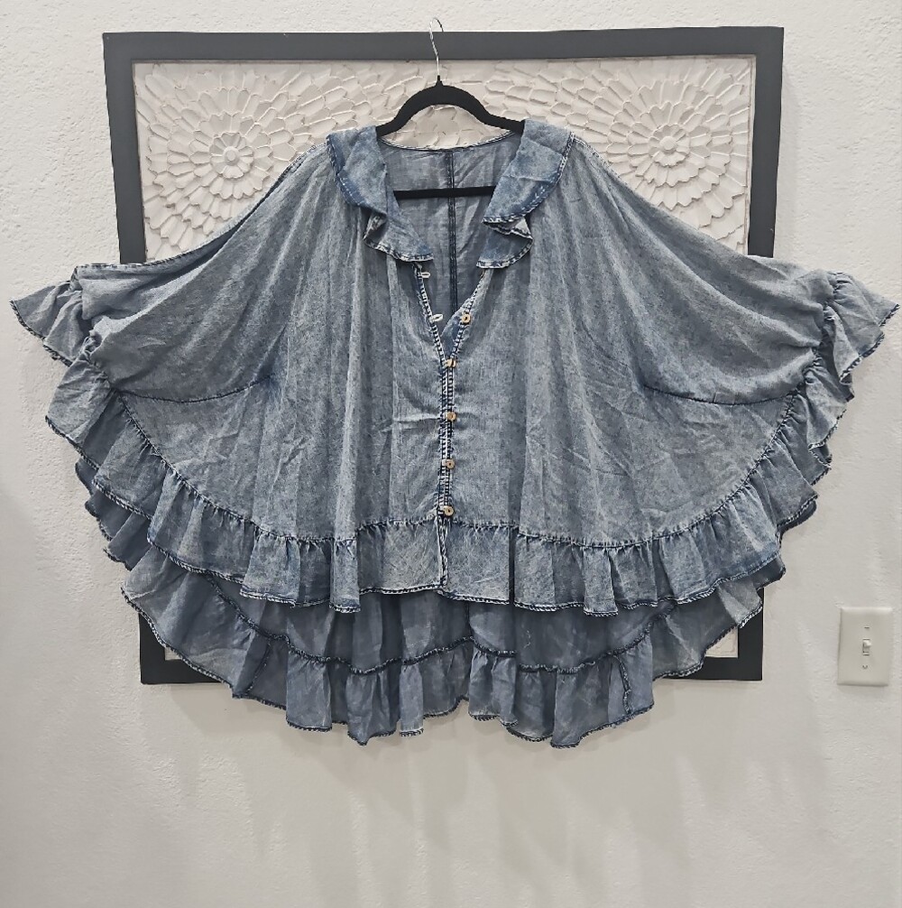 Washed Blue Ruffle Button-Front Women’s Top - Picture 2 of 7
